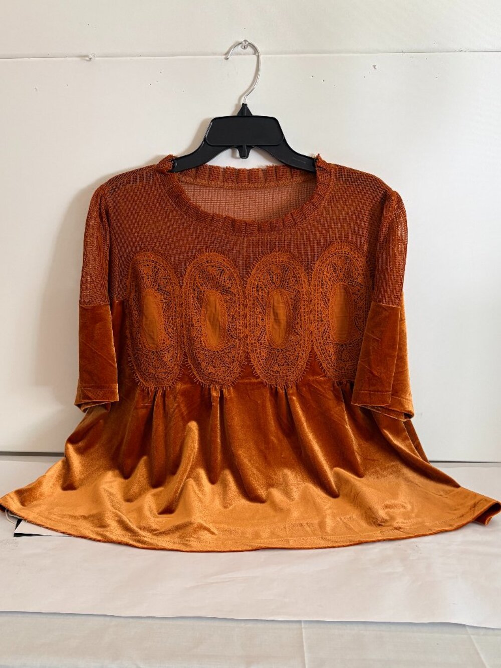 Orange Velvet Lace Embroidered Mesh Short Sleeve Round Neck Boho Blouse Size XL